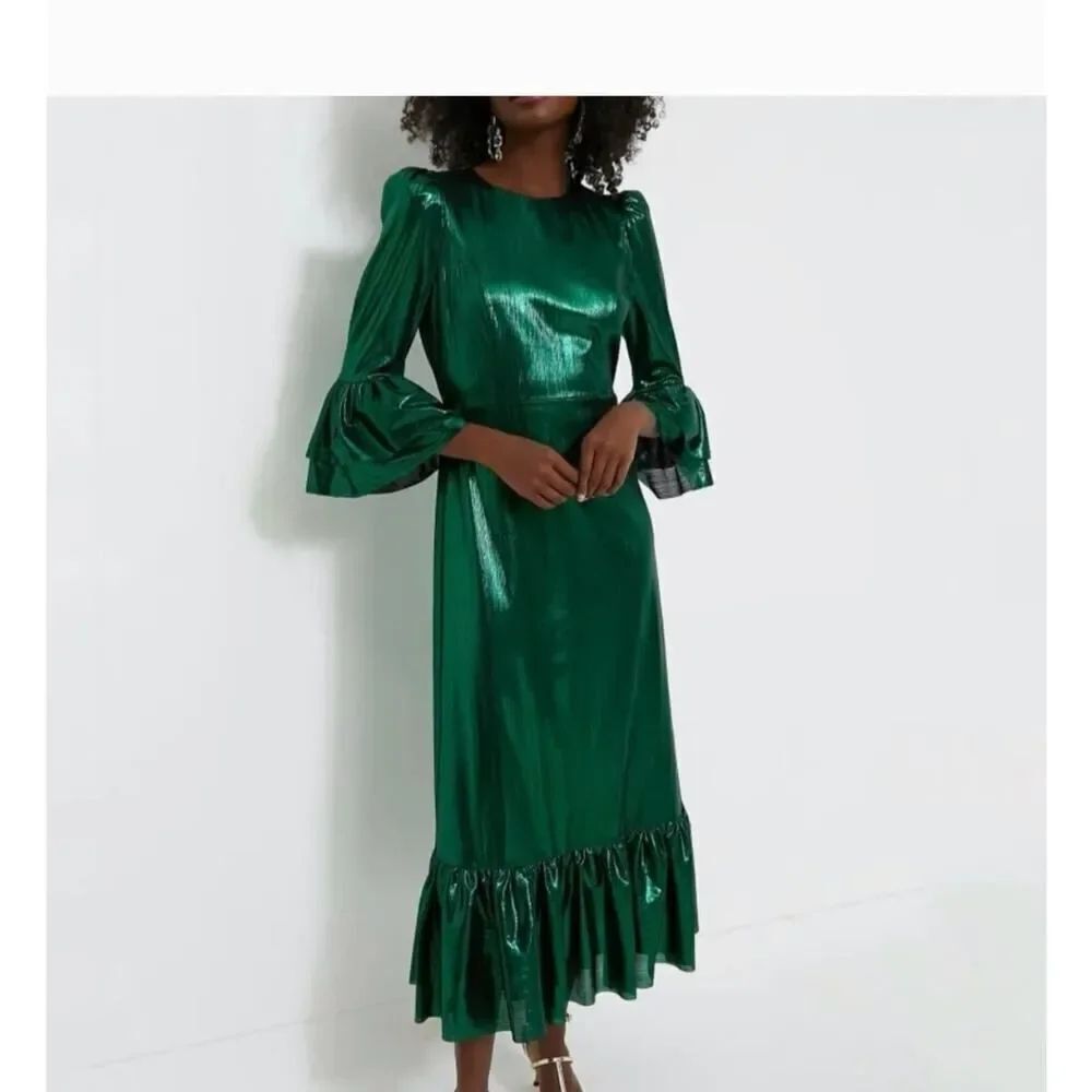 NWT Tuckernuck Pomander Place Crinkle Lurex Lillith Maxi Dress Emerald Green XS